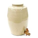 A late 19thC stoneware cider barrel, with moulded banding, and wooden tap, 36cm high.