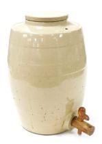 A late 19thC stoneware cider barrel, with moulded banding, and wooden tap, 36cm high.