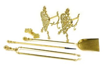 A set of three Victorian brass fire irons, comprising pair of coal tongs, shovel and poker, together