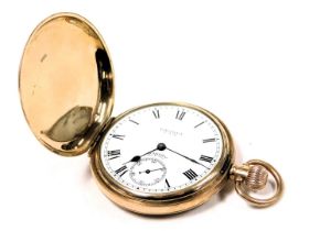 A George V 9ct gold cased hunter pocket watch, circular enamel dial bearing Roman numerals, subsidia