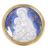 A 20thC religious pottery plaque, of circular form, depicting the Madonna and seated child, in white