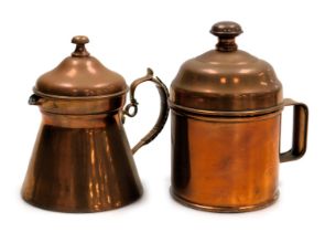 A late 19thC copper measuring tankard and lid, impressed marks, 18cm high, together with a French co