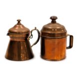 A late 19thC copper measuring tankard and lid, impressed marks, 18cm high, together with a French co