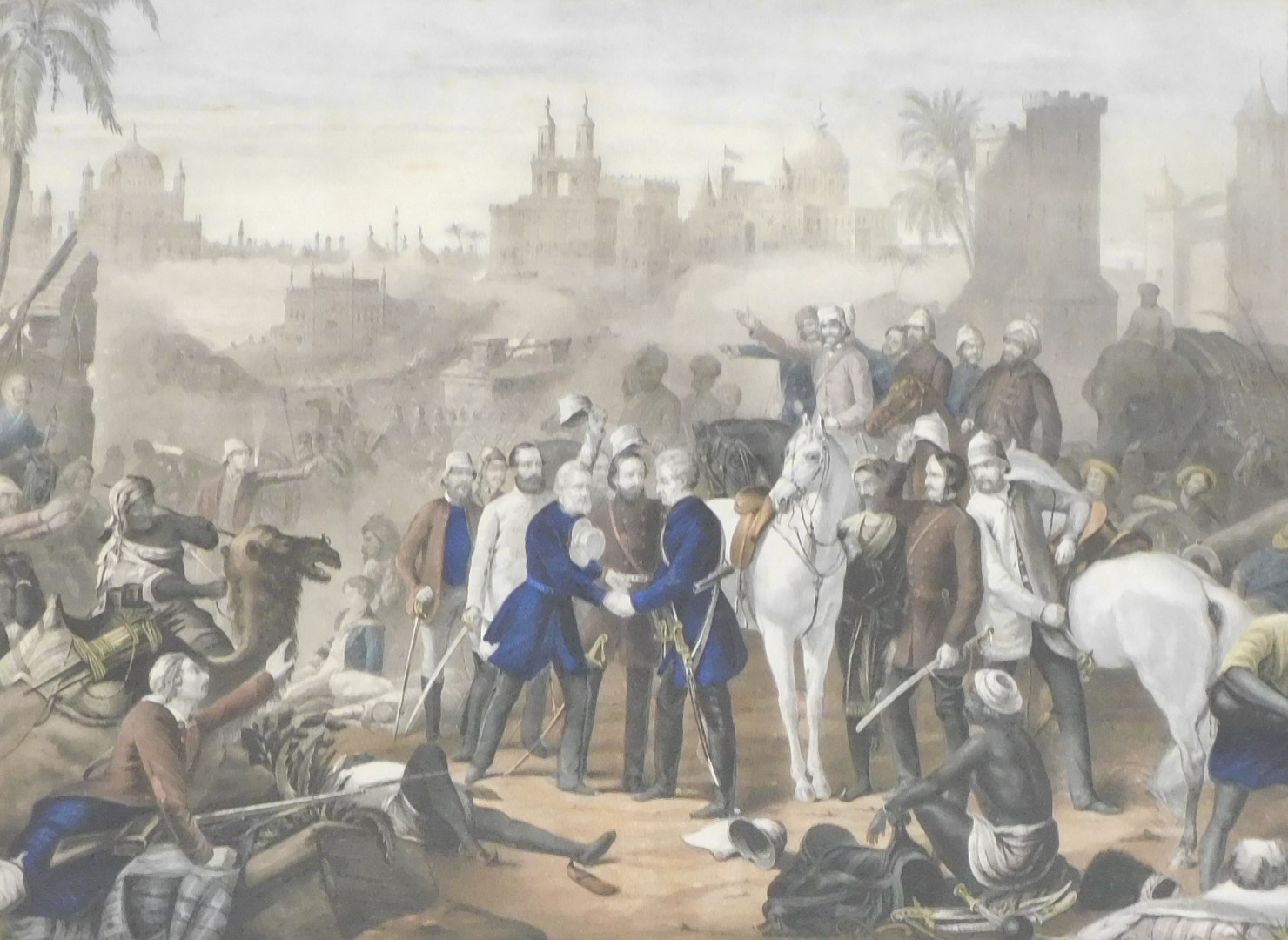 A 19thC lithograph, of an after battle scene, possibly General Gordon in India, 40.5cm x 56cm.