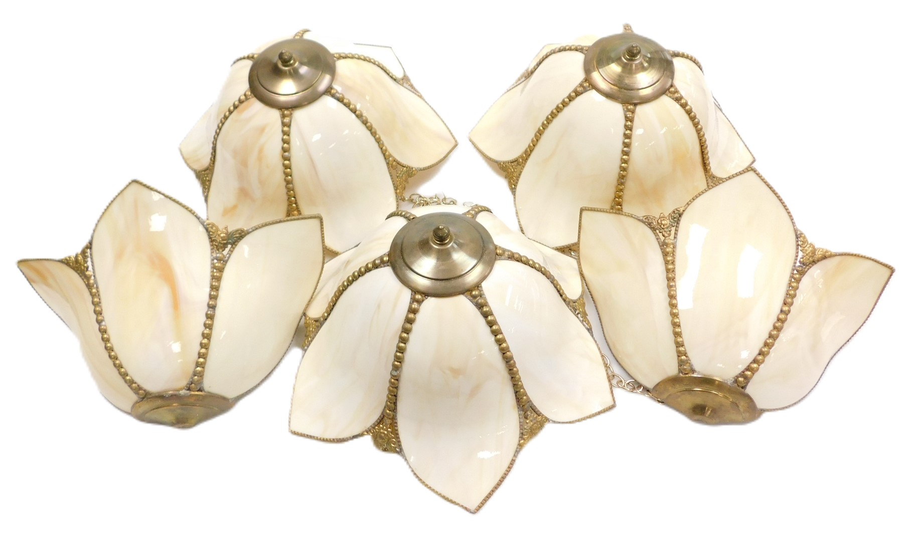 Three early 20thC style cream marbled opalescent ceiling lights, of petalled form, together with a p