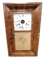 A mid 19thC American flame mahogany cased wall clock, manufactured by Jerome and Company, New Haven,