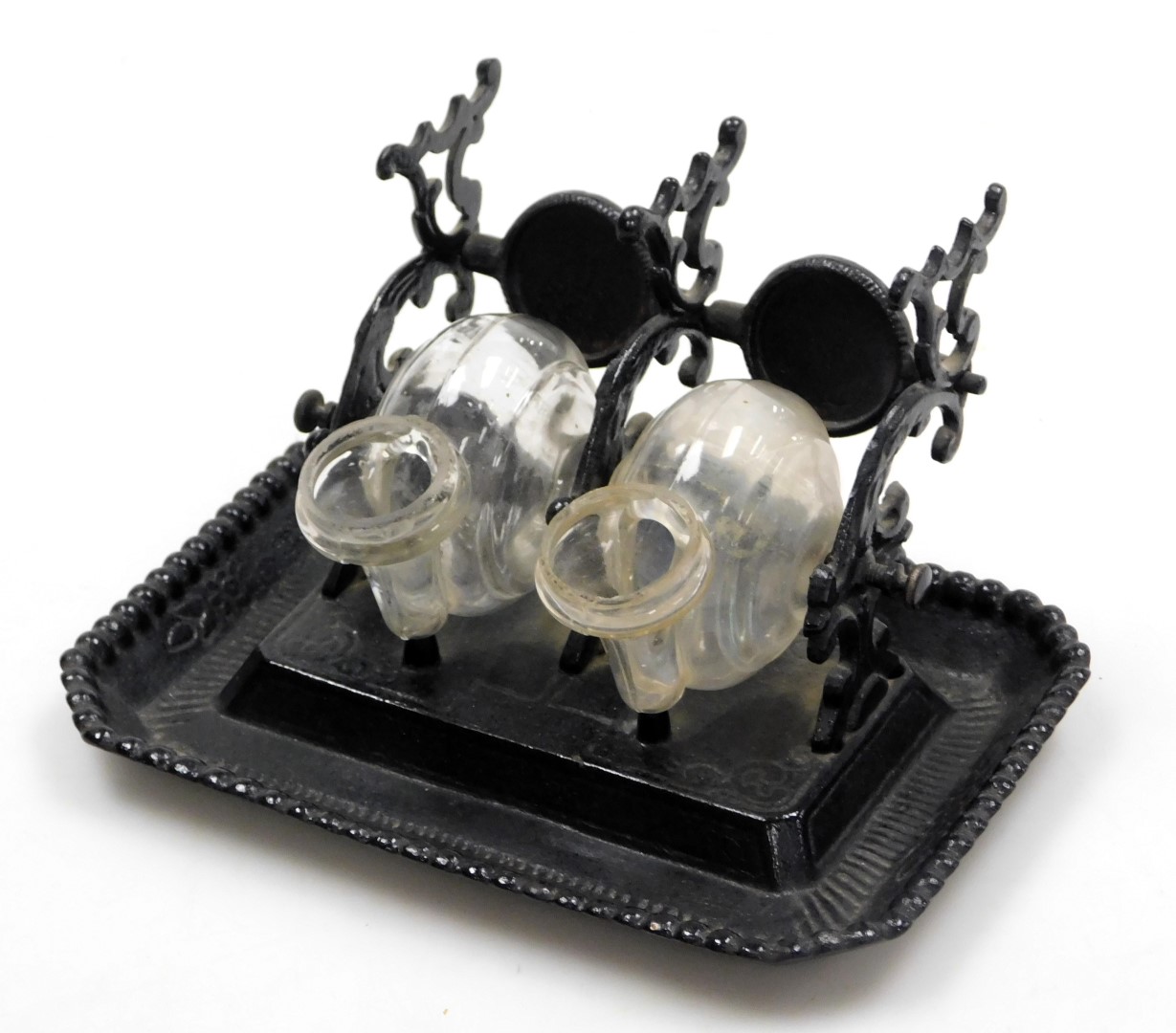 A Victorian novelty cut glass and cast iron framed double inkwell of double horn form, 19cm wide. - Image 2 of 2