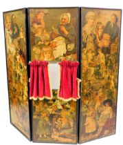 A Victorian decoupage Punch and Judy booth three fold screen, with a curtained aperture, 68cm high,