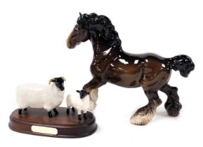 A Beswick pottery figure of a brown gloss cantering shire horse, together with a figure group, Black