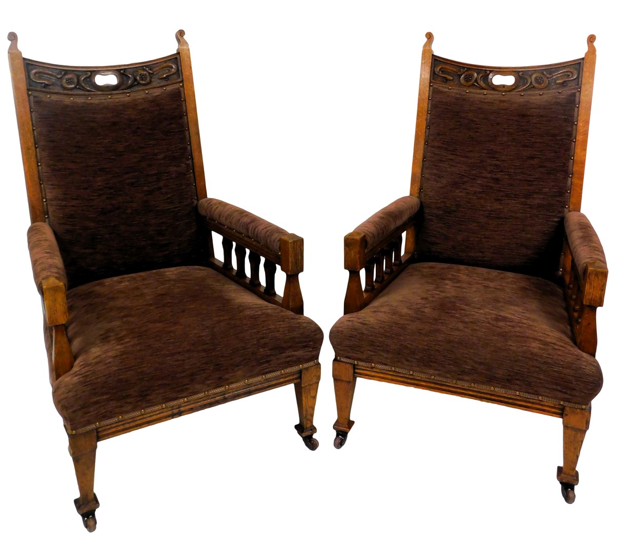 A pair of Victorian art nouveau oak armchairs, the crest rail carved with pomegranates, with overstu - Image 4 of 4