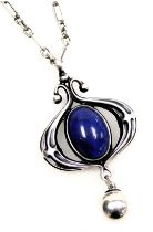 A Georg Jensen silver and enamel pendant, in the Art Nouveau style, on a silver chain, boxed.