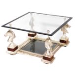 A French Maison Charles silvered cast iron coffee table, circa 1970s, with a square glass top, raise