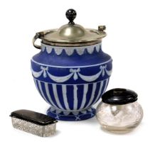 An early 20thC Wedgwood dark blue Jasper biscuit barrel, with a plated mount and lid, impressed mark