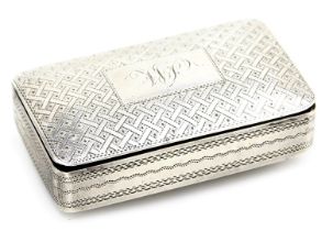 A George IV silver snuff box, of domed rectangular form, with lattice work engraving, rectangular re