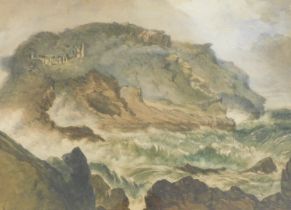 English school (19thC) castle ruins on an island and choppy seas, watercolour, 47cm x 62cm.