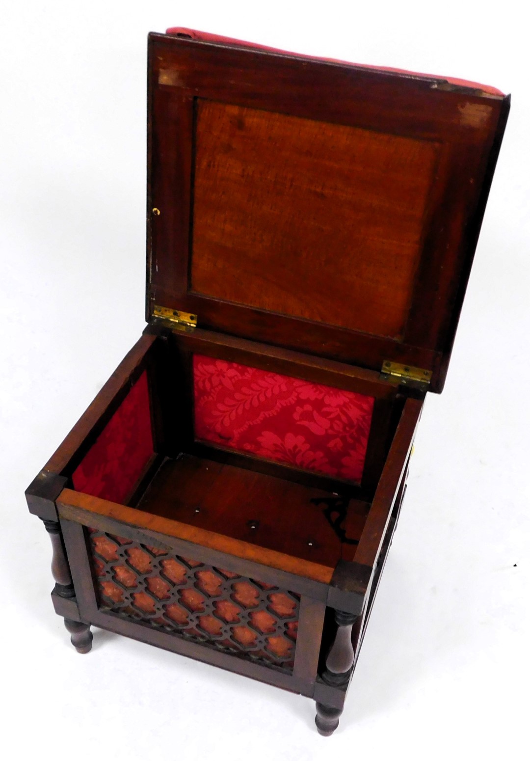 A Victorian mahogany piano stool, the hinged wool work seat decorated with a farmyard scene, above f - Image 2 of 2