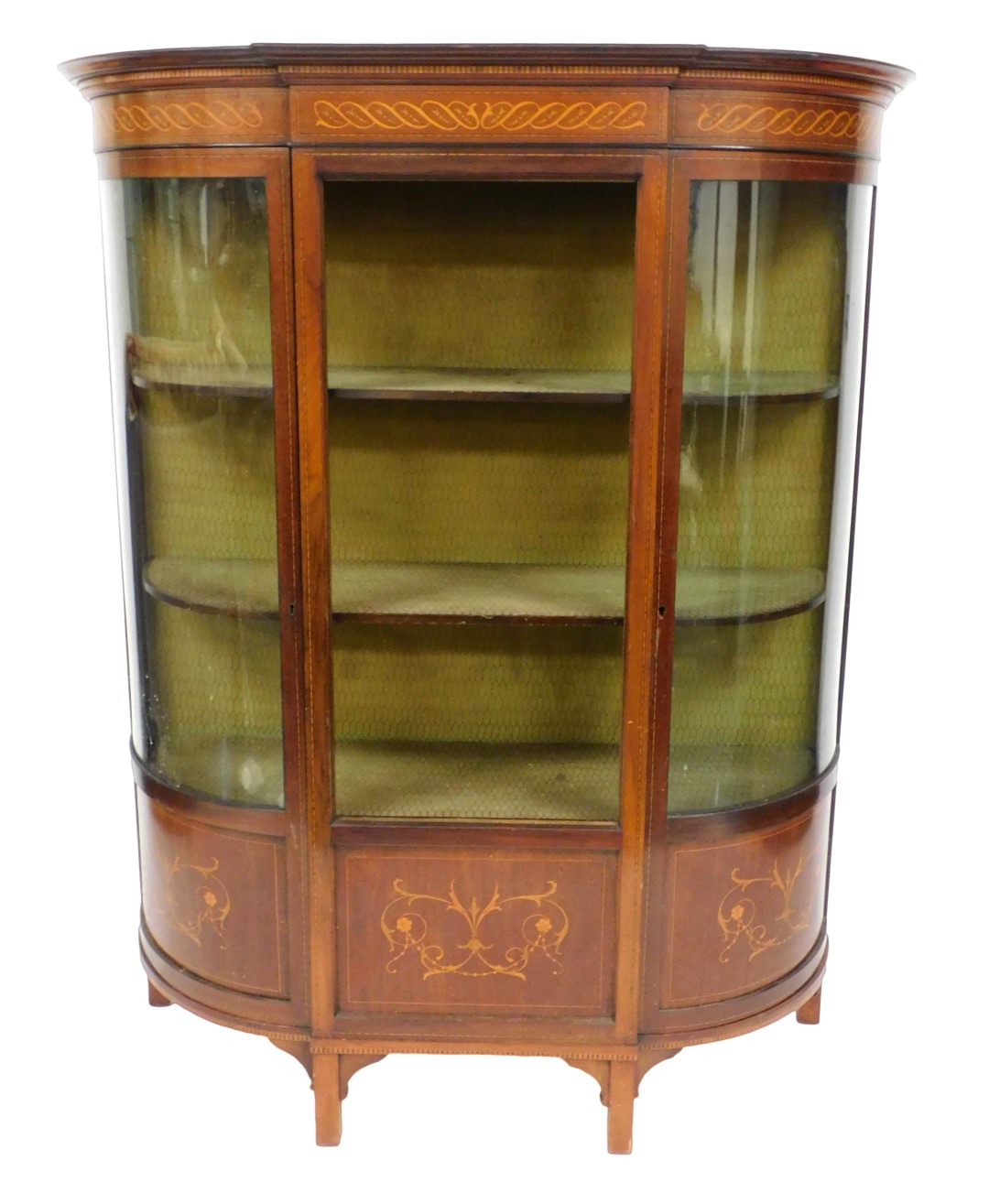 An Edwardian mahogany bow front display cabinet, with glazed sides and a door, glass lacking, above