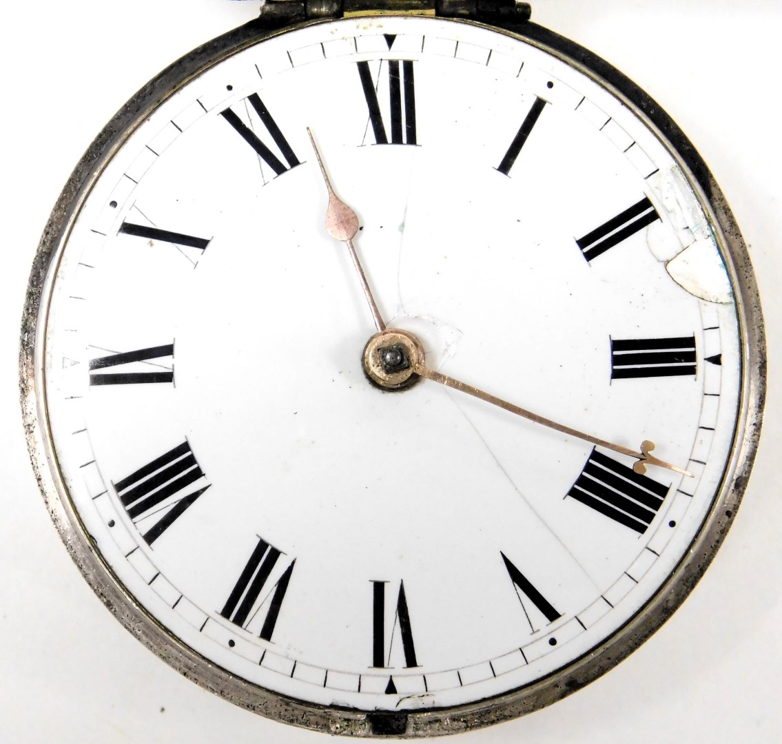 A George IV silver gentleman's pair cased pocket watch, open faced, keywind, circular enamel dial be - Image 2 of 6