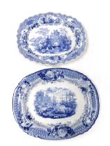 An early 19thC Pountney-Goldney blue and white pottery meat platter, transfer decorated with a scene