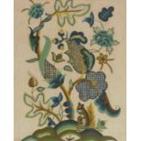 An early 20thC woolwork picture, decorated in the Elizabethan style with a squirrel before a stylise