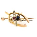 A Victorian 9ct gold seed pearl, ruby and sapphire brooch, formed as a horseshoe, pin and insect, 3.