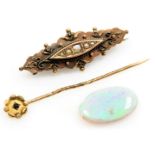 A Victorian 9ct gold and seed pearl set brooch, central stone lacking, 9ct gold and sapphire tie pin