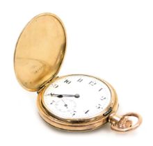 An early 20thC gold plated hunter pocket watch, keyless wind, circular enamel dial bearing Roman num
