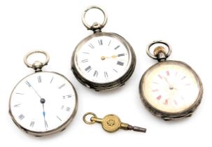 Three early 20thC lady's silver cased pocket watches, two keywind, all open faced, with dials bearin