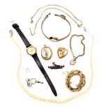 A group of Victorian and later costume jewellery, including a 9ct back and front heart shaped photo