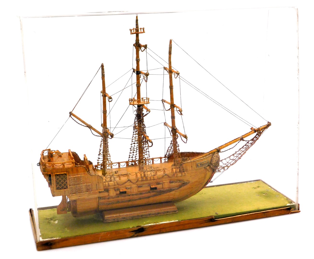 A vintage matchstick model of the sloop HMS Helena, formerly HMS Atalanta, fourteen gun, in a perspe