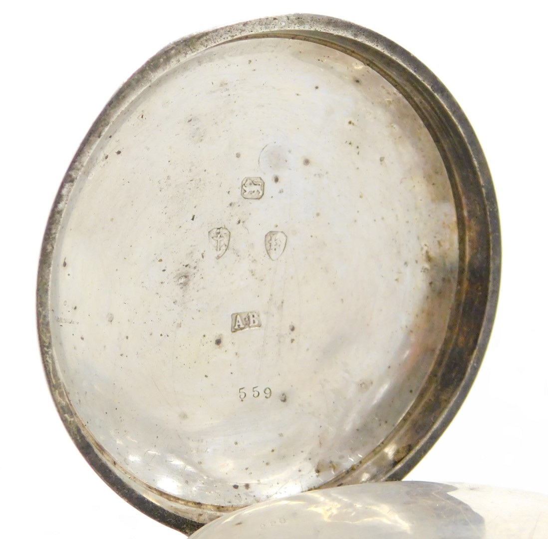 A Victorian gentleman's silver cased pocket watch, open faced, key wind, circular enamel dial bearin - Image 3 of 11