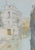 Italian School (20thC) a Venetian canal scene with a palazzo, watercolour, signed indistinctly, 29.5