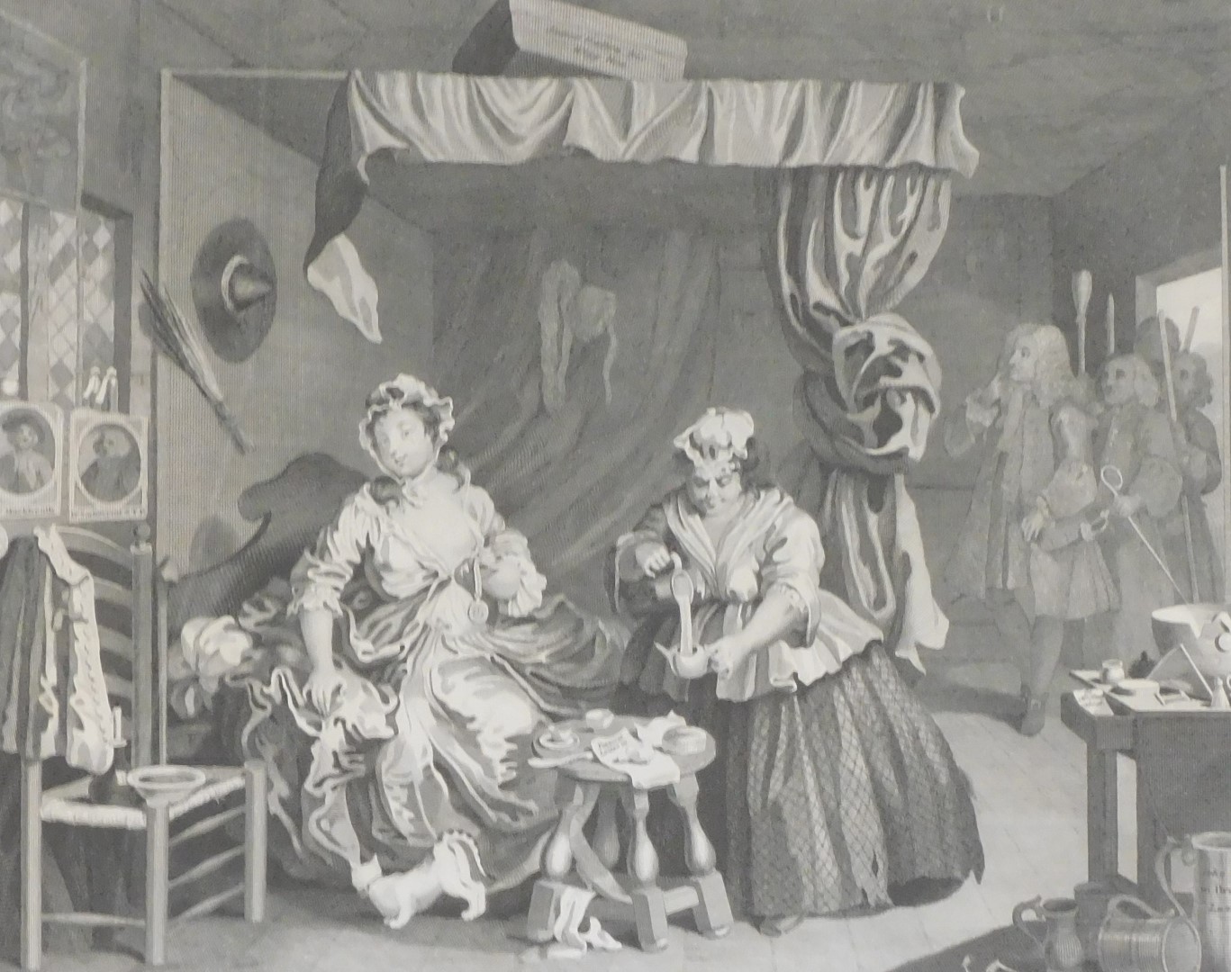 After William Hogarth (English, 1697-1764) A Harlots Progress, engravings, plates one to six, publis - Image 4 of 7