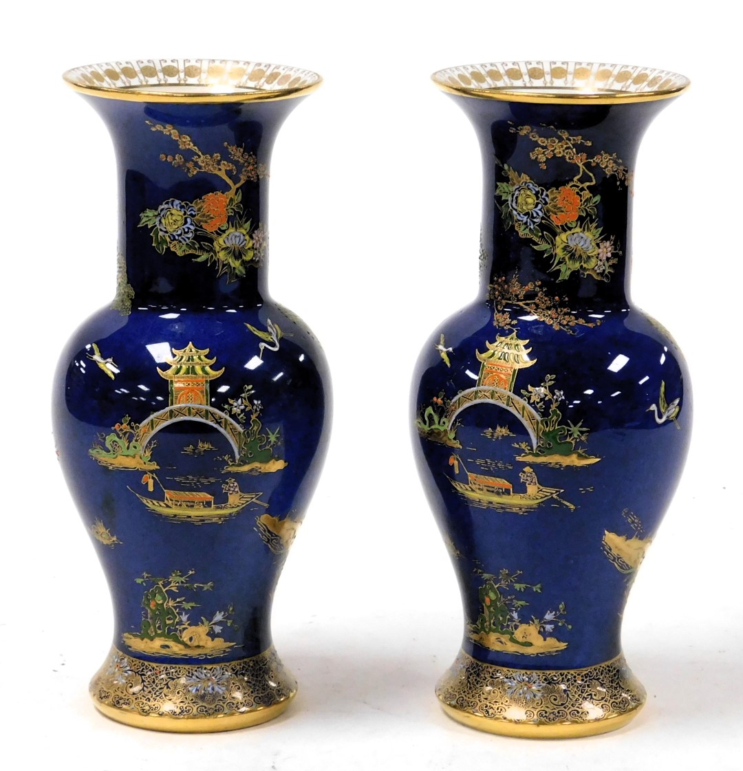 A pair of early 20thC Carlton ware lustre vases, of baluster form, decorated with a pagoda in a land - Image 2 of 3
