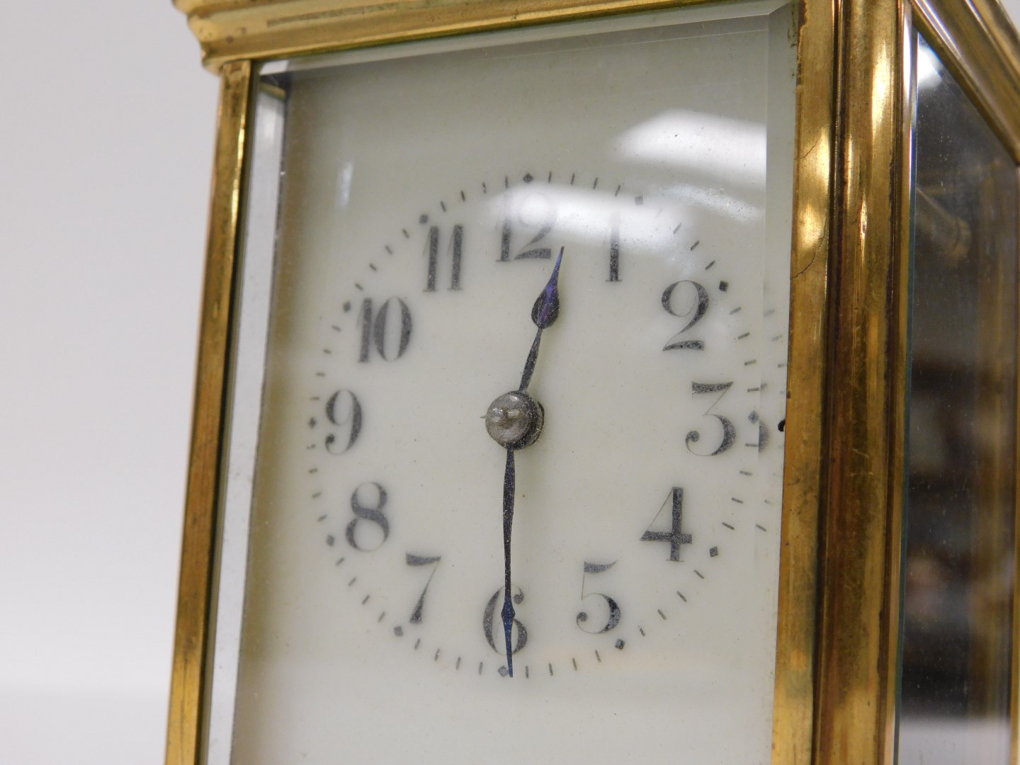 A late 19thC French brass cased carriage clock, rectangular enamel dial bearing Arabic numerals, sin - Image 2 of 3