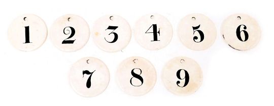 A set of 19thC Wedgwood creamware bin labels, for Farrow & Jackson, numbered 1-9, impressed marks, 7