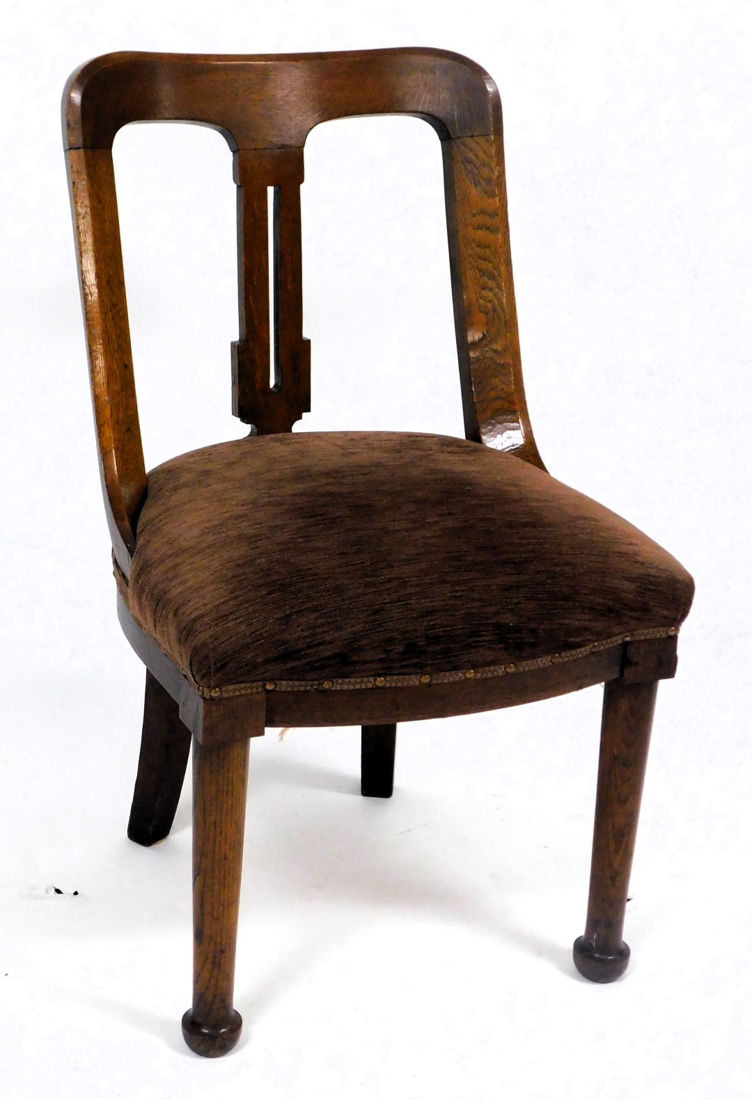 A pair of Victorian art nouveau oak armchairs, the crest rail carved with pomegranates, with overstu - Image 3 of 4