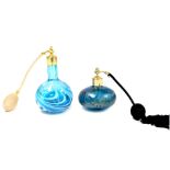 A Stuart Fletcher turquoise glass atomizer, with white swirl decoration, etched marks, 15.5cm high,