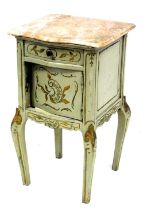 A late 19thC French painted serpentine pot cupboard, with a marble top, over a frieze drawer and cup