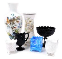 A group of late 19thC end of day glass, including a blue malachite square planter moulded with ivy,