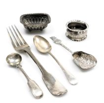 A George IV silver Old English pattern table fork, London 1822, Victorian silver teaspoon and mustar