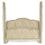 A cream and turquoise blue painted wooden double bed frame, with floral decorated upholstered headbo