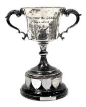 A George V silver twin handled football trophy, Ruskington League, presented by Ald.R.Pattinson MP 1