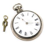 A George IV silver gentleman's pair cased pocket watch, open faced, keywind, circular enamel dial be