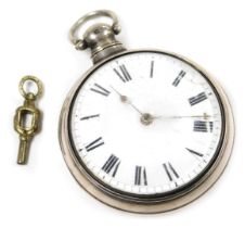 A George IV silver gentleman's pair cased pocket watch, open faced, keywind, circular enamel dial be