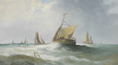 Continental school (19thC) fishing vessels on choppy seas, oil on board, 29cm x 50cm.