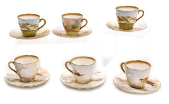 Six Royal Doulton porcelain cups and saucers, three depicting grouse and numbered BB3530 H4586, bear