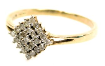A 9ct gold and diamond cluster ring, in a lozenge shaped, tiered setting, size P 1.8g.