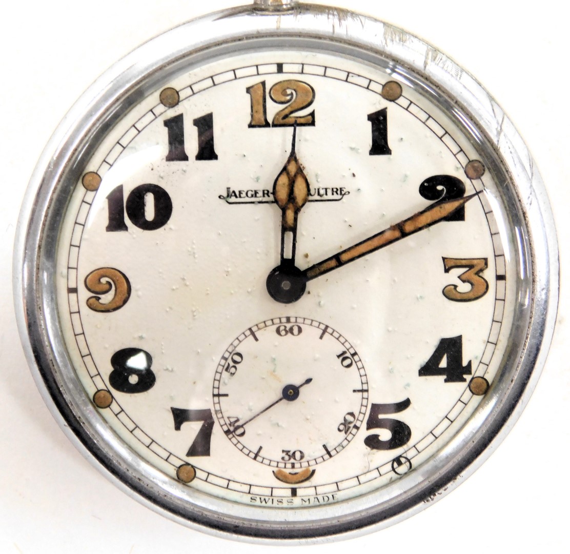 An early 20thC Jaeger-le-Coutre stainless steel cased military pocket watch, open cased, keyless win - Image 2 of 3