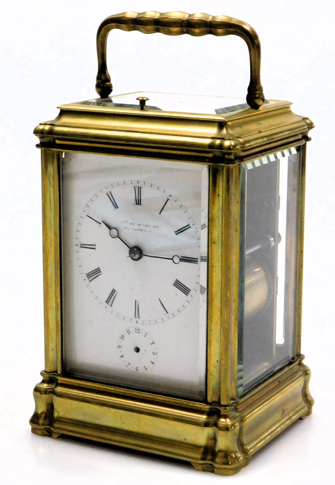 A late 19thC brass repeater carriage clock, by Webster of Cornhill, London, rectangular enamel dial - Image 2 of 6